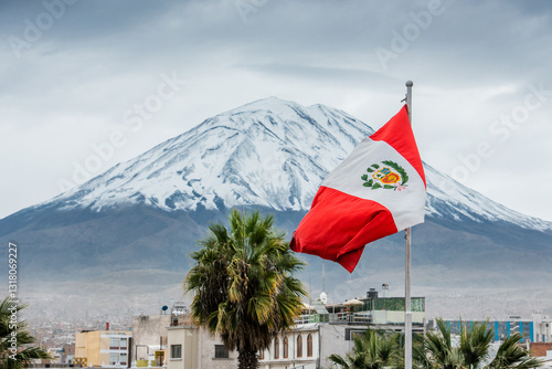 Fotografie Peruvian flag with the background of the Misti volcano in Arequipa, Peru