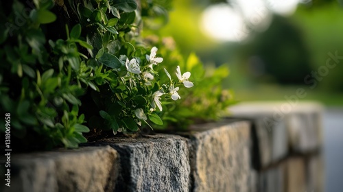 A vertical wall garden with herbs and small flowering plants