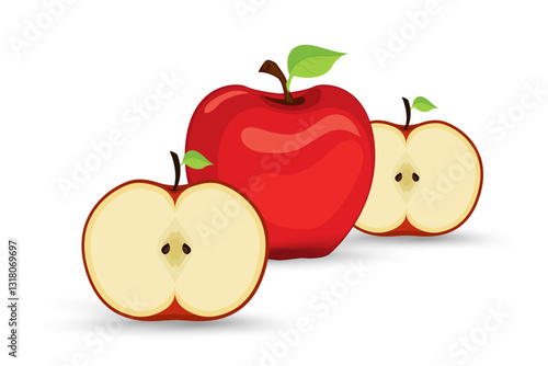 Group of Apples half displayed with a rich red outer skin and a light yellowish-white interior. An red apple with two half features tiny dark seeds enclosed in a faint star-like pattern.