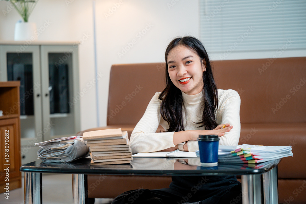 Portrait of a young beautiful Asian woman freelancer working at home and smiling Portrait of a young beautiful Asian woman freelancer working at home and smiling