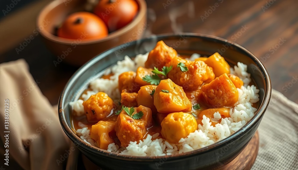 Steaming bowl of cauliflower potato curry served with fluffy basmati rice, side dish, hot Steaming bowl of cauliflower potato curry served with fluffy basmati rice, side dish, hot