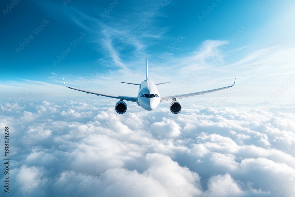 Fototapeta premium Airplane soaring above fluffy clouds, vibrant blue sky reflecting modern travel, ideal for aviation themes or adventure text.