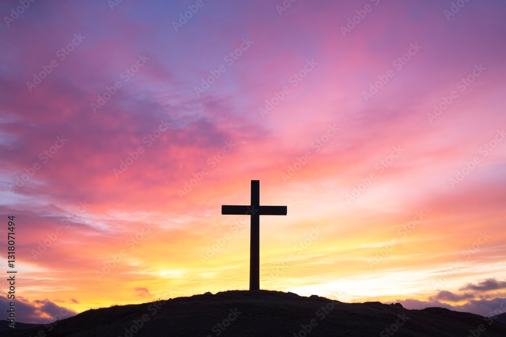 Silhouette of a cross at sunset, vibrant sky with hues of orange and purple, evokes spirituality and reflection. Silhouette of a cross at sunset, vibrant sky with hues of orange and purple, evokes spirituality and reflection.