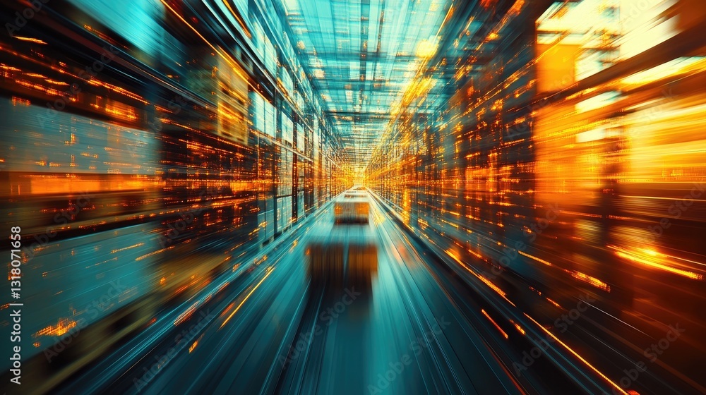 A futuristic warehouse with motion-blurred automation and glowing trails, symbolizing high-speed logistics and efficiency. Ideal for supply chain, e-commerce, and technology themes A futuristic warehouse with motion-blurred automation and glowing trails, symbolizing high-speed logistics and efficiency. Ideal for supply chain, e-commerce, and technology themes
