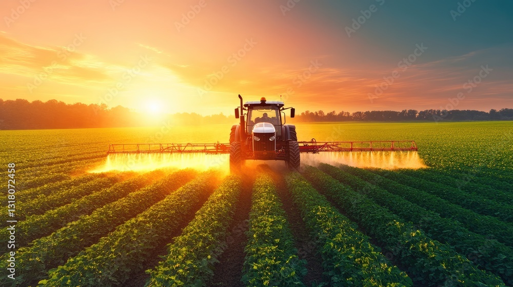 Fototapeta premium Modern Farming: Tractor Spraying Crops at Sunrise