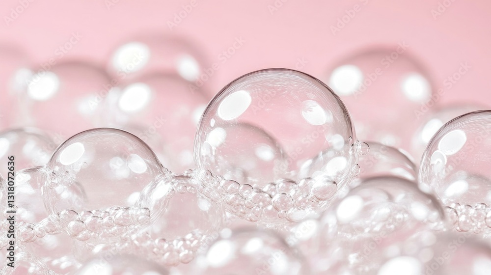 Close-up of translucent bubbles on pink background. Close-up of translucent bubbles on pink background.