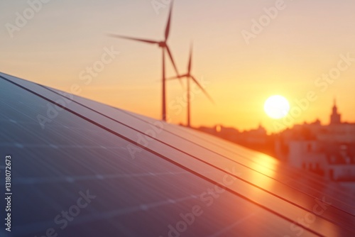 Sunset view of solar panels, modern renewable energy landscape, wind turbines in background, sustainable technology theme.