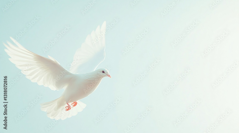 Fototapeta premium White bird in flight, serene and graceful, symbolizes freedom and peace, with soft pastel background for text space.