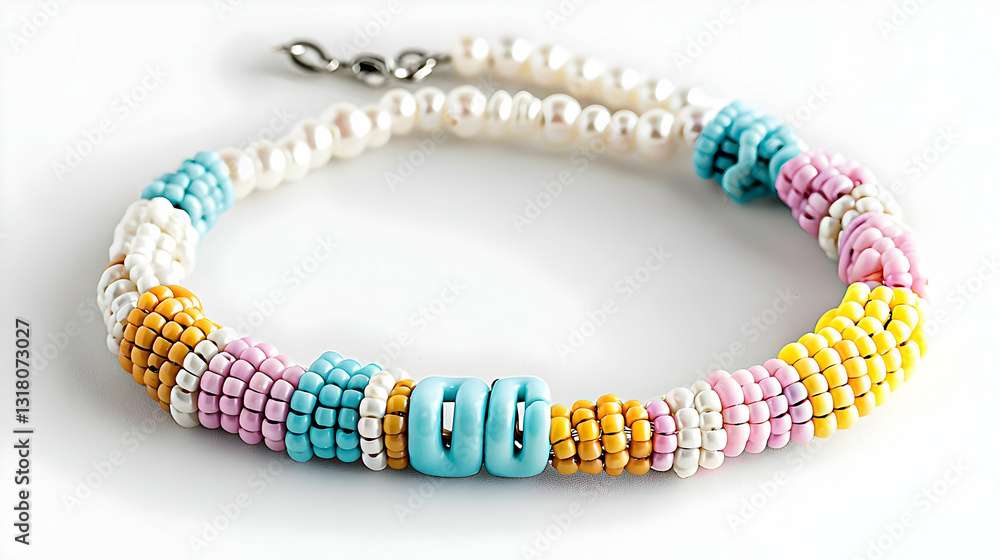 Colorful Beaded Necklace With Pastel Yellow Pink And Blue Accents On A Clean White Background Colorful Beaded Necklace With Pastel Yellow Pink And Blue Accents On A Clean White Background
