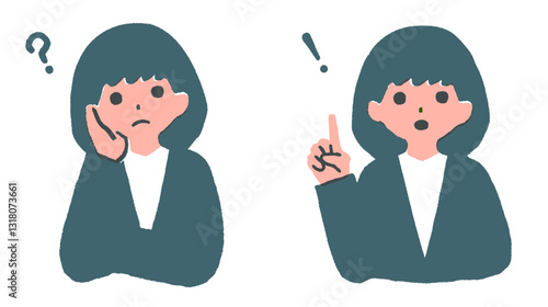 悩んでいるポーズとひらめいたポーズの女性のイラストセット