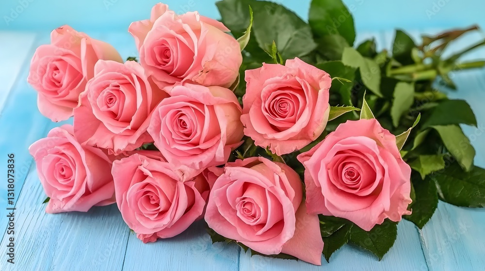 Elegant Bouquet of Pink Roses with Lush Green Leaves on a Light Blue Wooden Surface Elegant Bouquet of Pink Roses with Lush Green Leaves on a Light Blue Wooden Surface