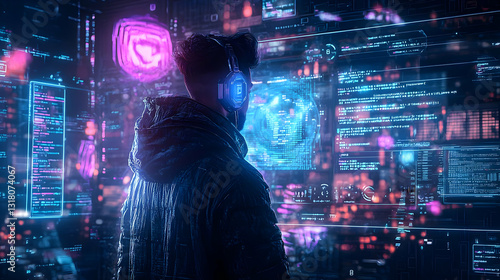 Wallpaper Mural Woman In Pixelated Outfit Stands Before Futuristic HUD Interface With Glowing Neon Lights And Data Streams In Cyberpunk Cityscape Torontodigital.ca