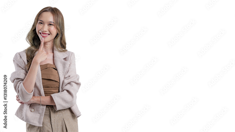 A woman is posing for a picture with her hands pointing to the camera. She is wearing a tan jacket and tan pants A woman is posing for a picture with her hands pointing to the camera. She is wearing a tan jacket and tan pants