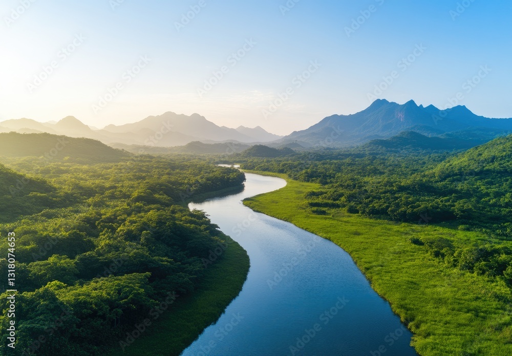 Fototapeta premium Wide River Flowing Through Verdant Landscapes from Above