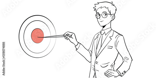 Minimalist line art of a confident man in a suit pointing a stick at a target with a red center, symbolizing success and goal achievement. This illustration is ideal for business presentations