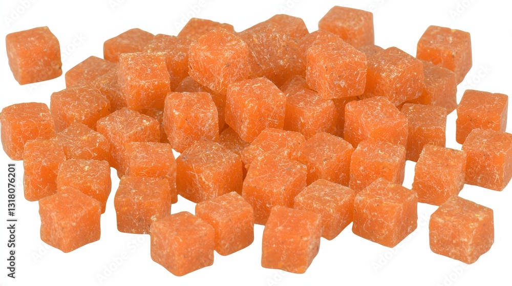 A Pile of Bright Orange Cubed Candies Dusty with Sugar Isolated on White Background A Pile of Bright Orange Cubed Candies Dusty with Sugar Isolated on White Background