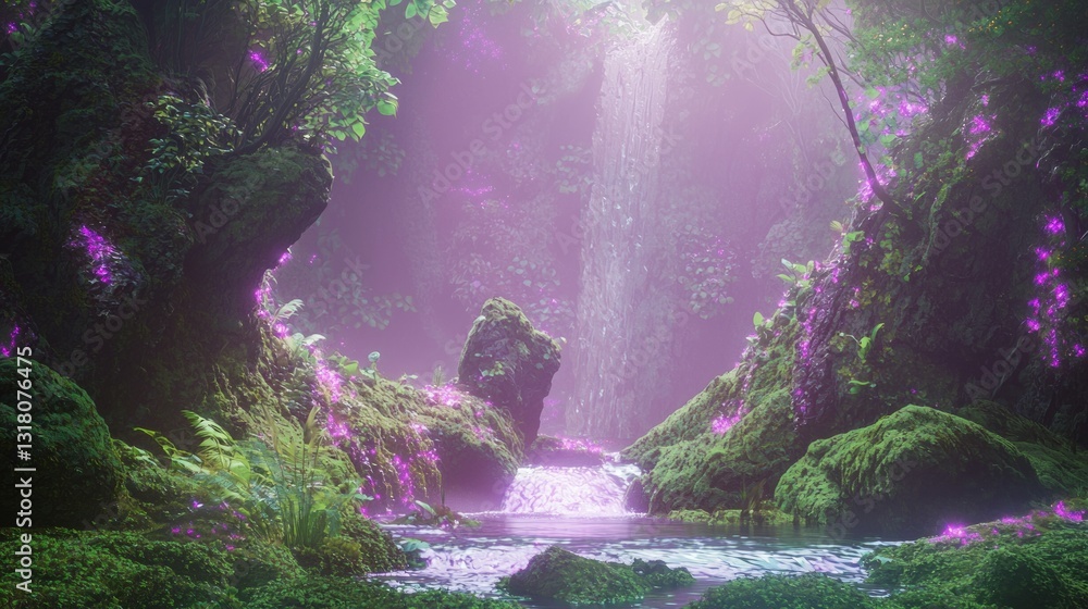 Fototapeta premium Surreal Hidden Glen with Softly Cascading Waterfall and Moss
