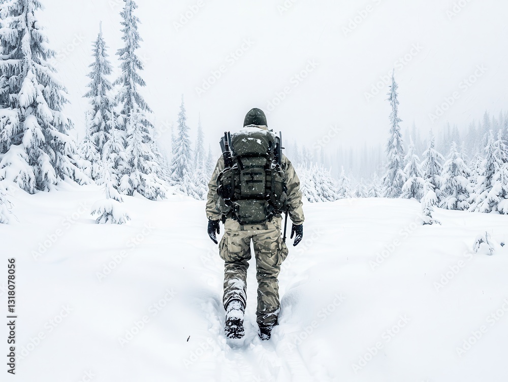 person in camouflage gear walks through snowy forest, surrounded by tall, snow covered trees, creating serene and isolated winter scene person in camouflage gear walks through snowy forest, surrounded by tall, snow covered trees, creating serene and isolated winter scene