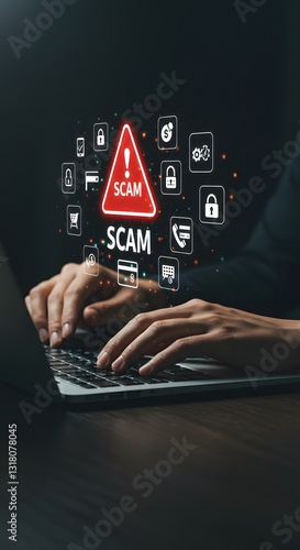 suspicious scammer, Scam Alert Warning with Cybersecurity Icons.  person using laptop, Unknown person, warning sign for scams with icons 