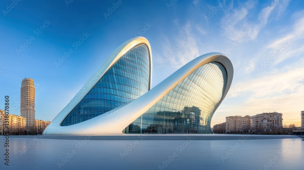 Obraz premium Modern architecture, cityscape, sunrise, urban scene, photo