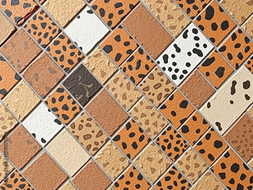 Whimsical Animal Patchwork on Diagonal Brick Background