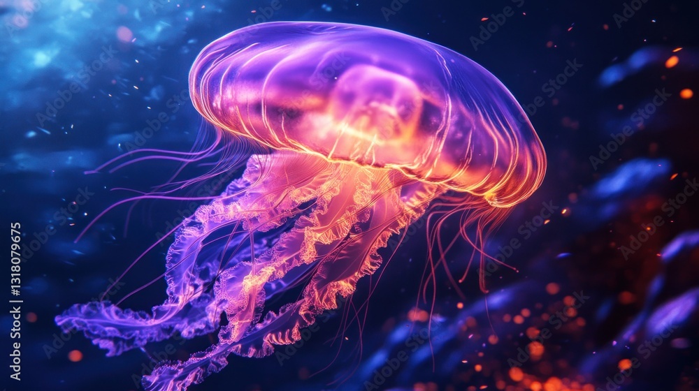 Naklejka premium Biologically radiant jellyfish illuminates the deep sea abyss with neon luminescence