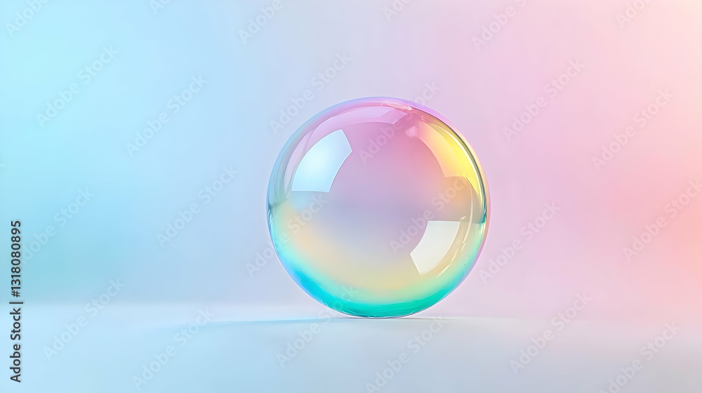 Iridescent Bubble Reflecting Light Against Pastel Gradient Background with Smooth Texture Iridescent Bubble Reflecting Light Against Pastel Gradient Background with Smooth Texture