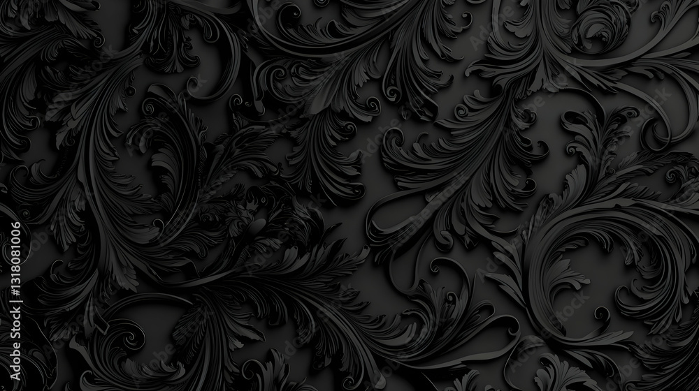 Intricate 3D Rendered Black Floral Pattern On Dark Background With Dramatic Lighting And High Contrast Details For Luxurious Or Gothic Design Intricate 3D Rendered Black Floral Pattern On Dark Background With Dramatic Lighting And High Contrast Details For Luxurious Or Gothic Design