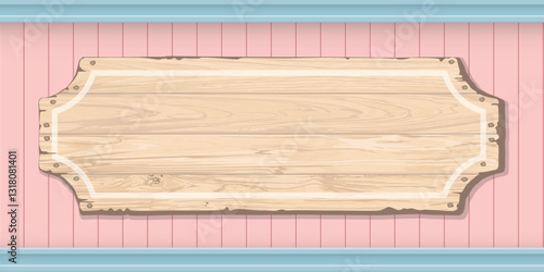 Cut timber panels pink and blue colors background with blank wooden signboard graphic illustration.