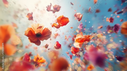 Vibrant Explosion of Colorful Flower Petals Against a Bright Sky Background Capturing Nature's Beauty and Serenity