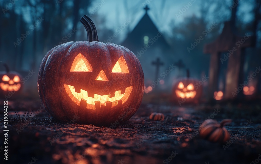 Foggy Cemetery with Illuminated Jack-O’-Lanterns Foggy Cemetery with Illuminated Jack-O’-Lanterns