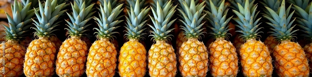 Fototapeta premium Pineapples piled up for sale at a farmer's market, tropical, exotic, delicious