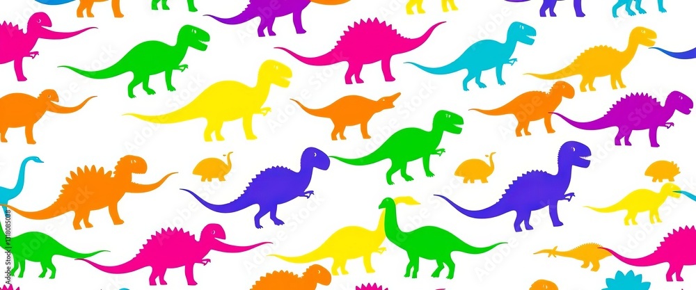 Fototapeta premium Vibrant colorful dinosaur silhouettes repeat seamlessly on a white background, cretaceous, fabric