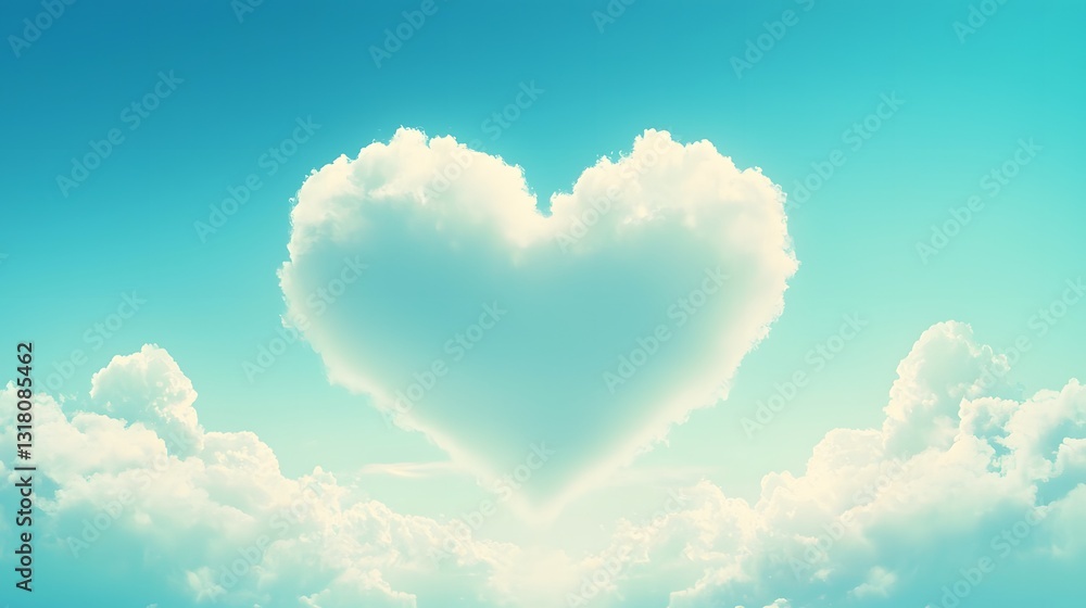 Fluffy White Heart Shaped Clouds Against a Bright Blue Sky Creating a Serene Atmosphere Fluffy White Heart Shaped Clouds Against a Bright Blue Sky Creating a Serene Atmosphere