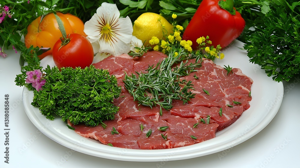 Fresh Beef Slices Garnished with Herbs and Surrounded by Colorful Vegetables and Flowers Fresh Beef Slices Garnished with Herbs and Surrounded by Colorful Vegetables and Flowers