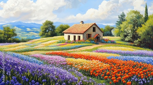 Idyllic Spring Cottage in a Vibrant Flower Field