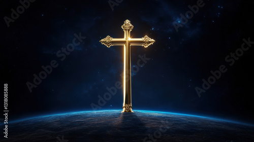 Golden Cross on Earth: A radiant golden cross stands atop the earth, illuminated against a vast cosmic backdrop. The image conveys faith and spirituality.