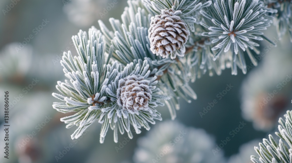 Frosty Pine Bough with Two Pine Cones Close Up View Frosty Pine Bough with Two Pine Cones Close Up View