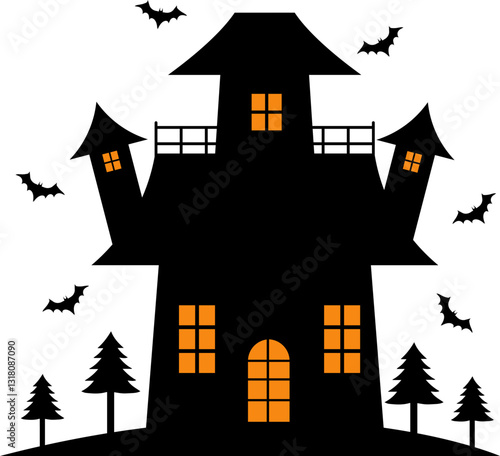 Spooky Haunted House Halloween Illustration. Isolated on White Background.