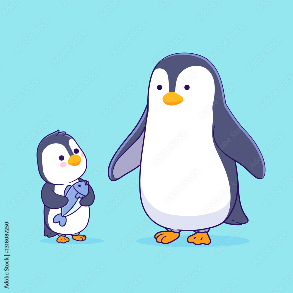 Fototapeta premium Vector illustration of penguin and penguin cub. Cute cartoon of penguin, baby penguin holding a fish.
