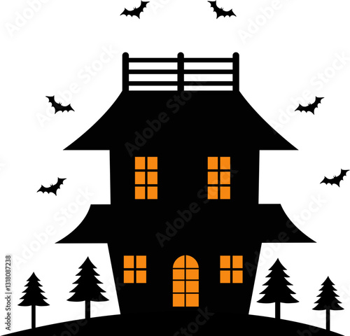 Spooky Haunted House Halloween Illustration. Isolated on White Background.