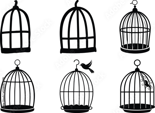 Birdcages Vector Set: Black and White Silhouette Illustrations of Empty Cages, Bird Flying, Bird Inside Cage, Decorative Design Elements