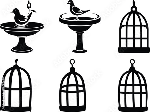 Birdbath & Birdcage Black Silhouette Vector Illustration: Decorative Garden Elements, Ornithology, Vintage Style, Bird Lover Graphic Art