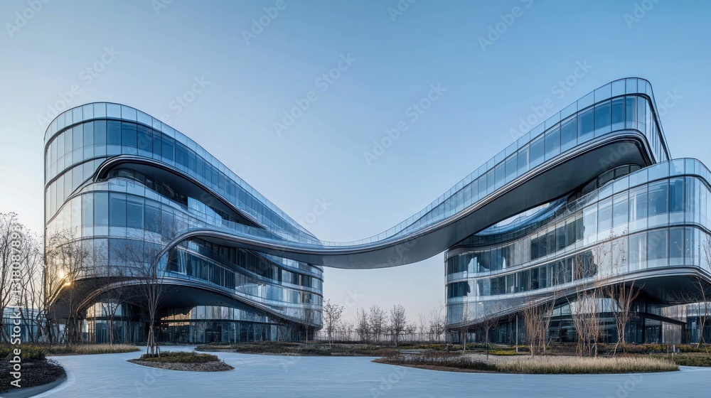 Modern glass office building, sunrise, landscaped grounds, urban development Modern glass office building, sunrise, landscaped grounds, urban development