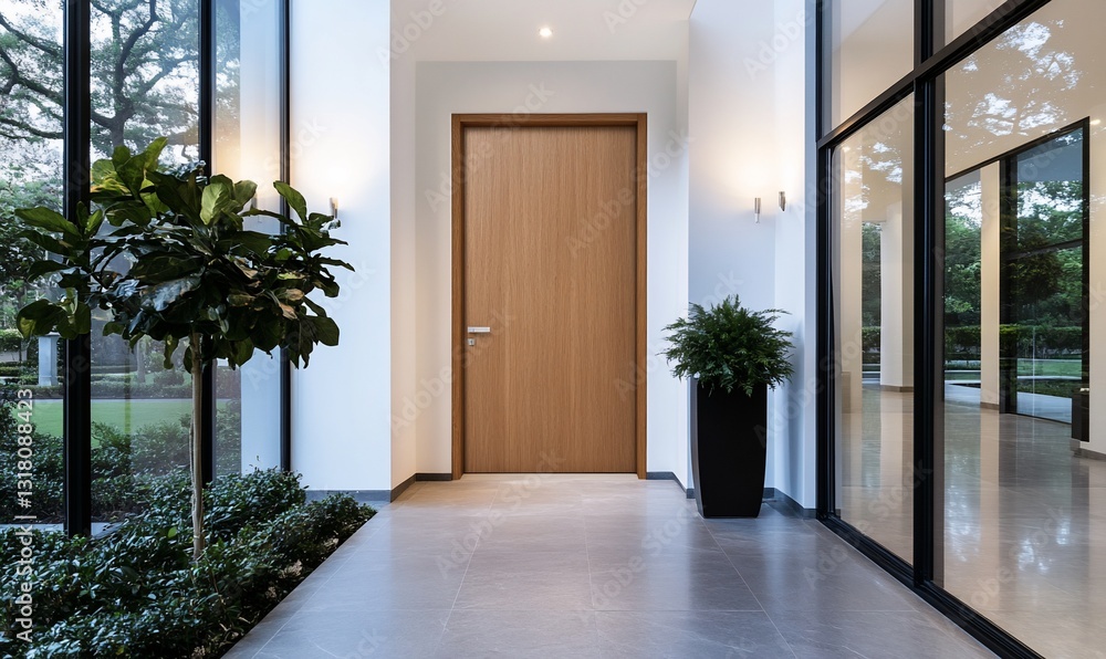 Fototapeta premium Entryway door in hallway with plants, view through the glass to garden