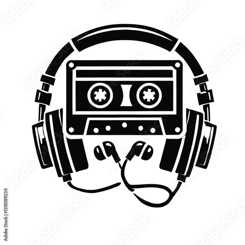 Retro Cassette Tape Silhouette with Headphones