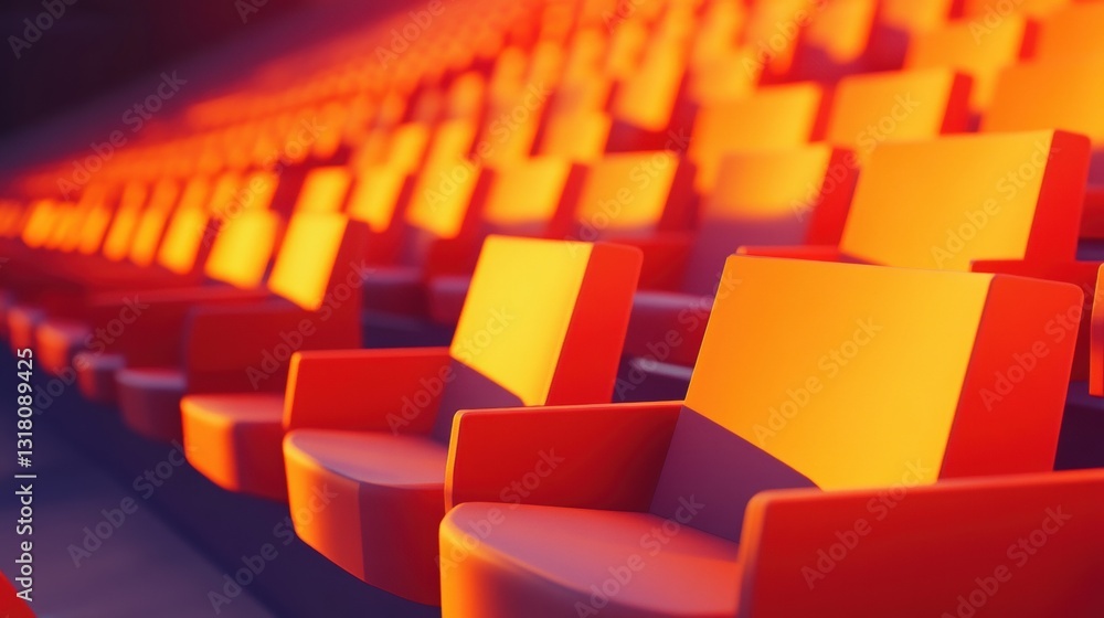 Fototapeta premium Empty vibrant stadium seating illuminated by warm lighting, showcasing rows of modern chairs in a dynamic and inviting atmosphere