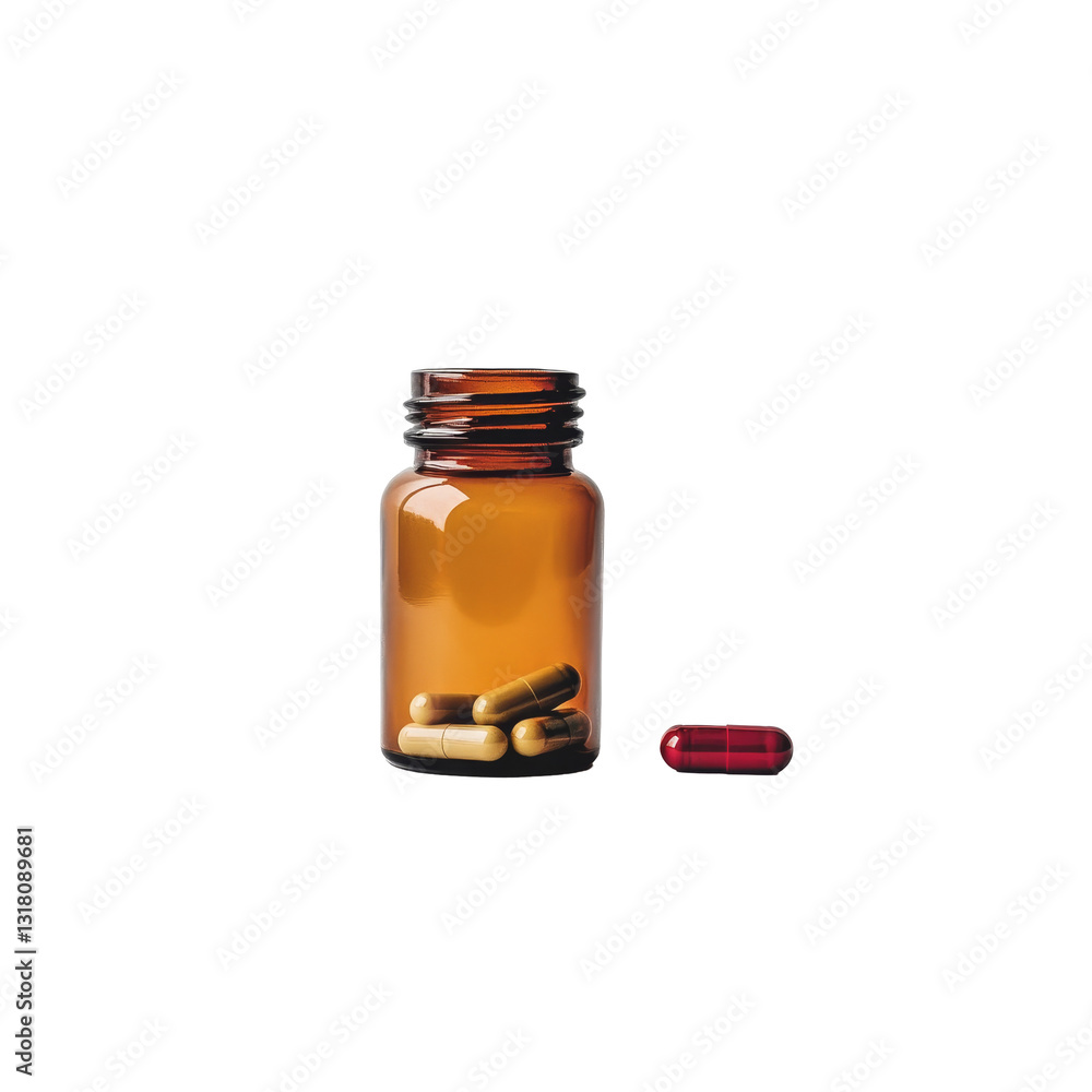 Amber bottle containing pills and capsules on a clean transparent background for health and wellness purposes, pill and bottle on transparent background Amber bottle containing pills and capsules on a clean transparent background for health and wellness purposes, pill and bottle on transparent background