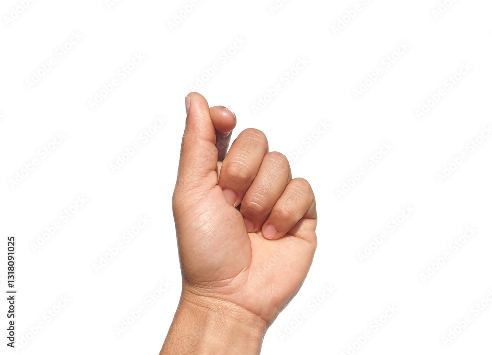 Male hand making a gesture of holding a card or business card. Some types of documents ID card Or a passport, coin, or something. Isolated on a white background. Male hand making a gesture of holding a card or business card. Some types of documents ID card Or a passport, coin, or something. Isolated on a white background.