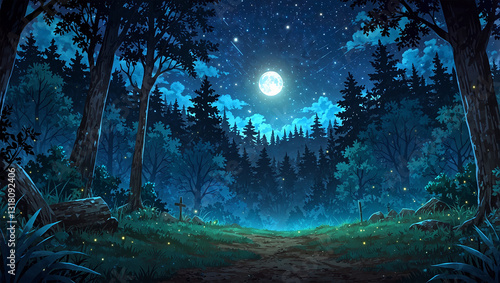 anime style forest background at night